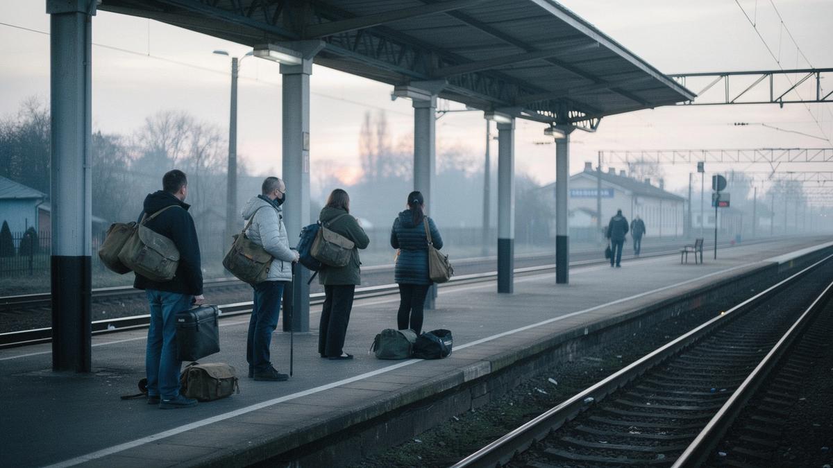 Group of travellers with weekend bags on the platform of a regional railway station in Ukraine, morning light